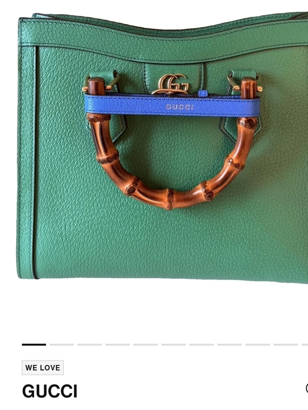 Gucci Green Pebbled Leather Shoulder Bag with Blue Strap and Bamboo Handle